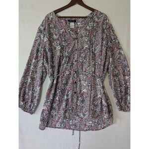 Ten Ten‎ Paisley Blouse Button Down Long Sleeve Tunic Top Tie Waist Pink Blue 2X